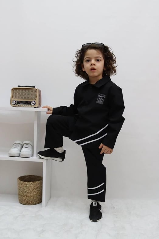 1051 Yanları Şeritli Erkek Çocuk Micro Kumaş Takım-SİYAH