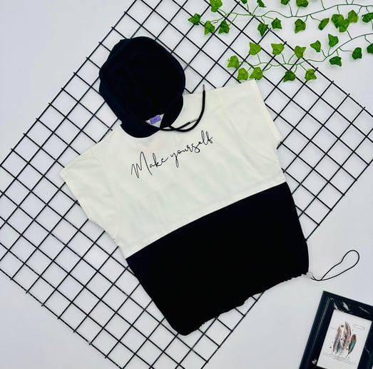 1055 Make Yourself Baskılı Kapşonlu Oversize Kız Çocuk Tişört-KREM