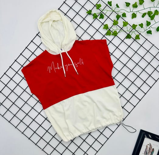 1055 Make Yourself Baskılı Kapşonlu Oversize Kız Çocuk Tişört-KIRMIZI
