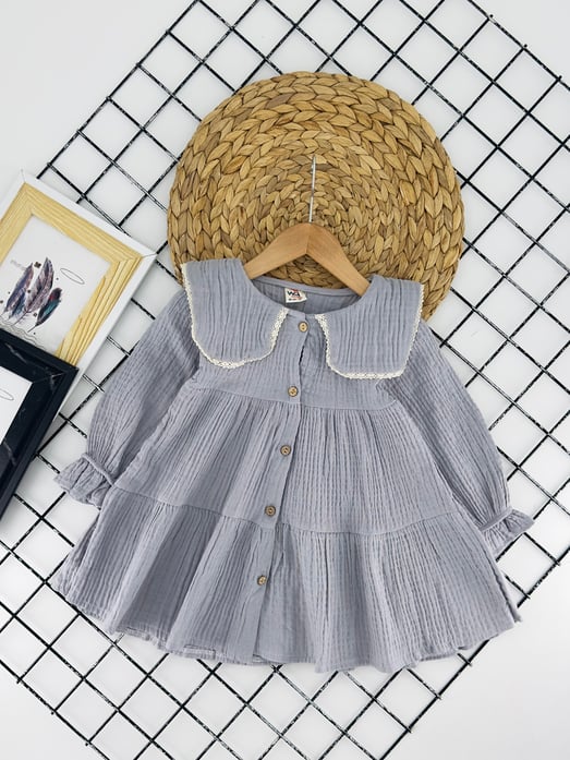 10589 Müslim Kumaş Bebe Yaka Kız Bebe Elbise-GRİ