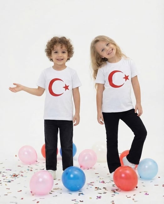 1100-1 Ayyıldız Baskılı Penye Bayrak Tişört-BEYAZ