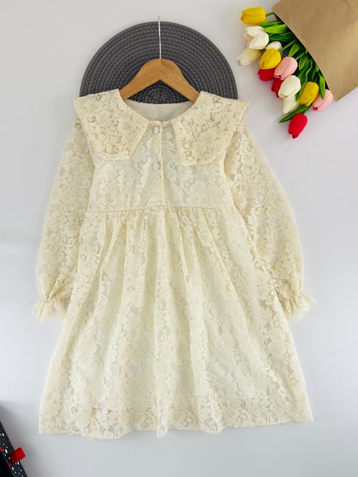 1100-15 Bebe Yaka Düğmeli Dantelli Kız Çocuk Elbise-KREM