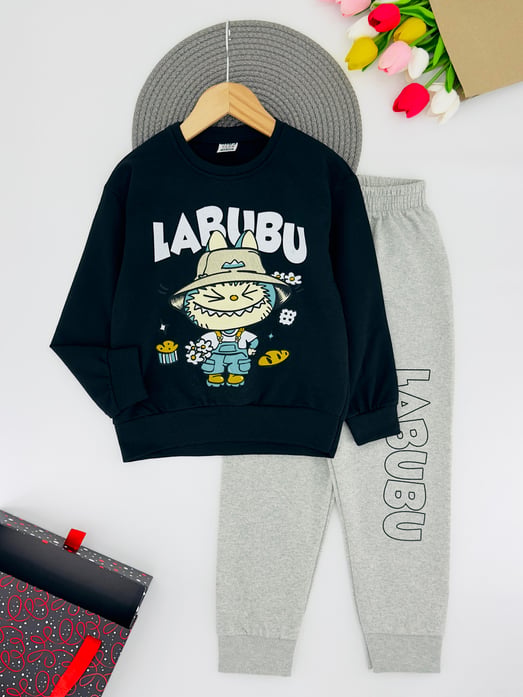 1130-4 Lbb Yazılı Erkek Çocuk Penye Takım-SİYAH