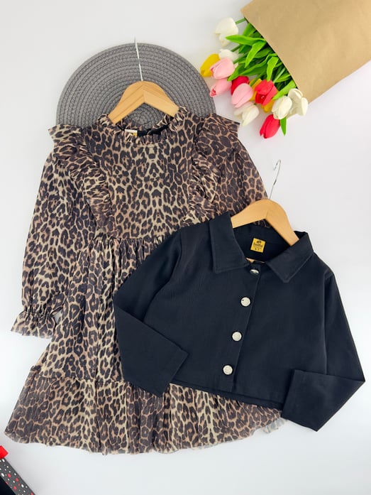12002 Önü Üç üğmeli Leopar Desenli Ceketli Kız Çocuk Takım-LEOPAR