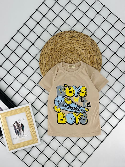 1204 Boys Wıll Baskılı Yazılı Erkek Tişört-BEJ
