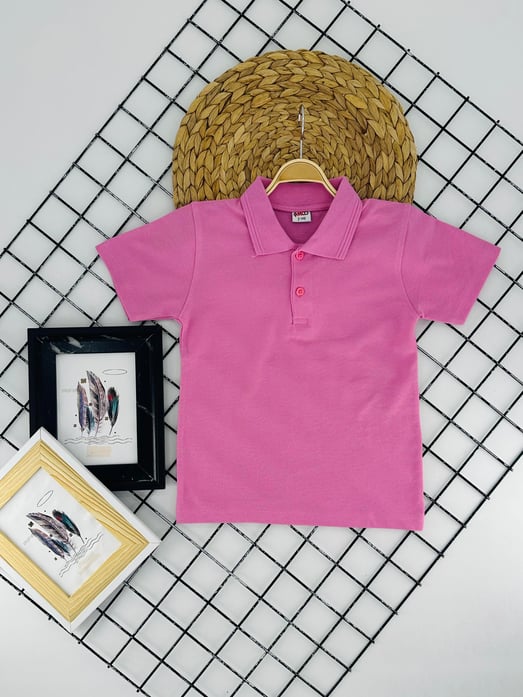 1208 Kısa Kol Unisex Yakalı Çocuk Lacost-PEMBE