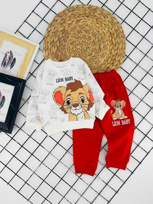 1221-1 Lion Baby Yazılı Baskılı Erkek Takım-BEYAZ
