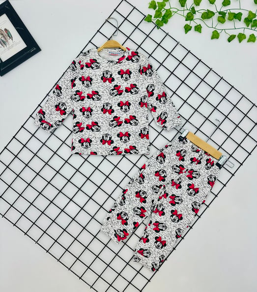 12313-1 Minnie Baskılı Penye Kız Çocuk Pijama Takım-BEYAZ