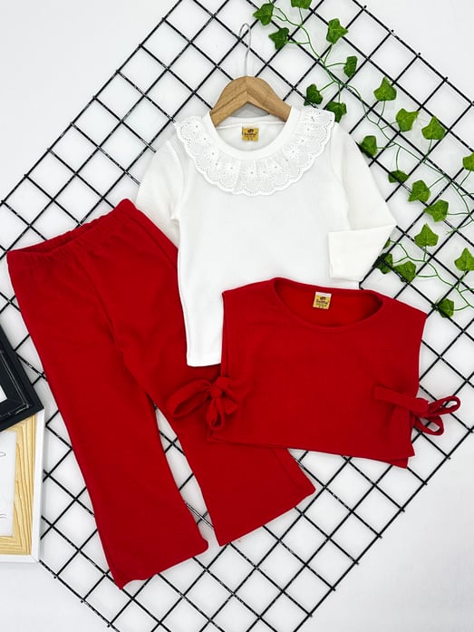 12501 Bürümcük Kumaş İçi Badili Kız Çocuk Üçlü Takım-KIRMIZI