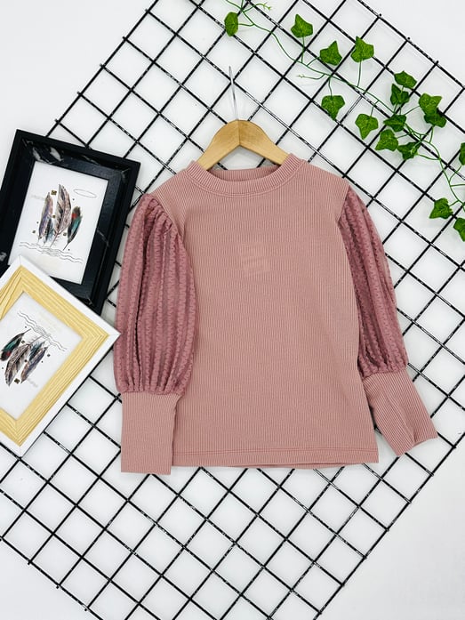 12505 Bürümcük Kumaş Kolları Tüllü Kız Çocuk Bady-PEMBE