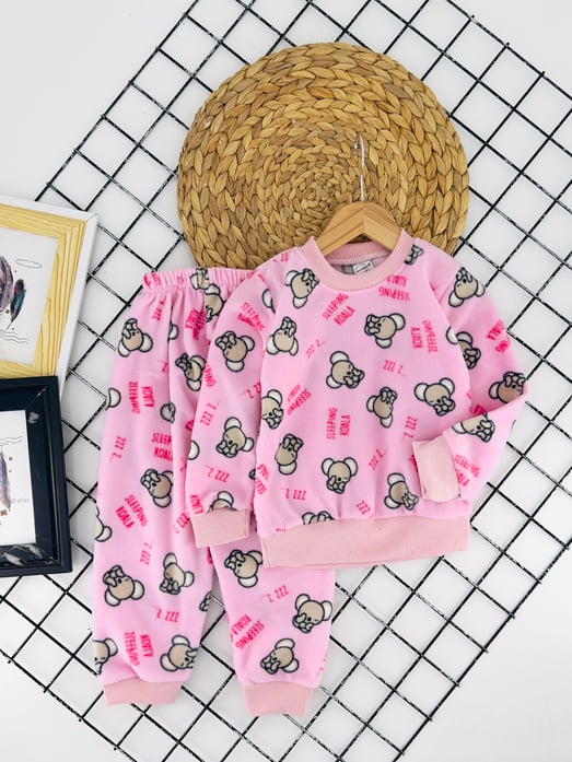 129-3 Koala Desenli Kız Çocuk Fırçalı Polar Takım-PEMBE