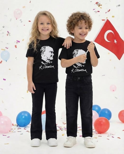 1300-1 Atatürk Baskılı Çocuk Penye Tişört-SİYAH