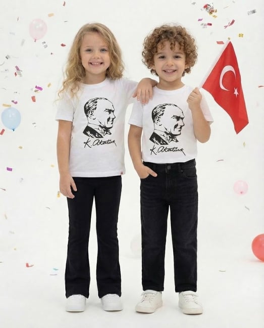 1300-1 Atatürk Baskılı Çocuk Penye Tişört-BEYAZ