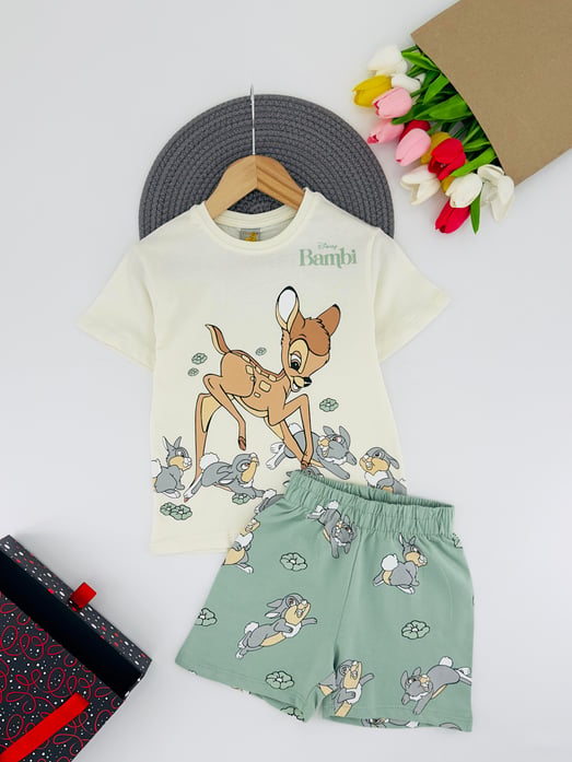 1305-11 Bambi Yazılı Baskılı Kız Çocuk Şortlu Takım-KREM