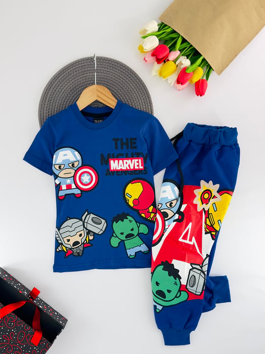 1400-1 Marvel Yazılı Baskılı Erkek Çocuk Takım-SAKS MAVİ