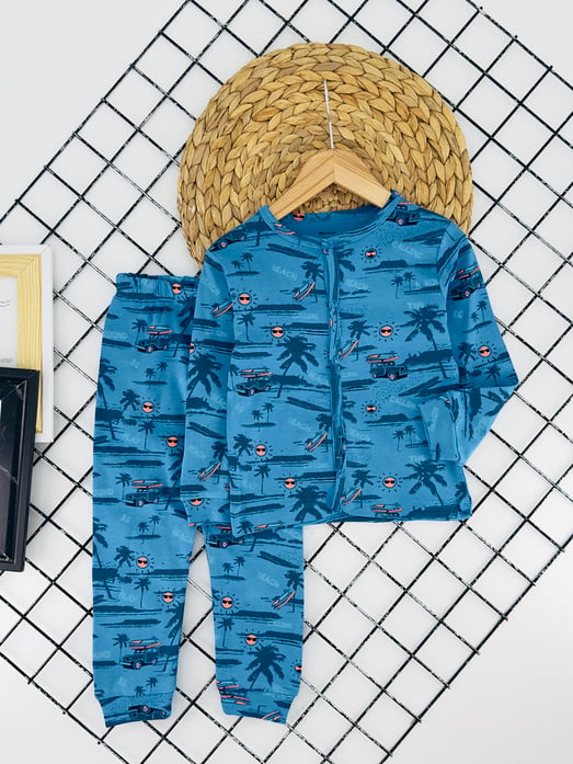 1452 Araba Ağaç Baskılı Erkek Çocuk Penye Pijama Takım-MAVİ