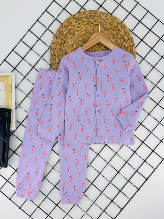 1457 Flamingo Baskılı Kız Çocuk Penye Pijama Takım-LİLA
