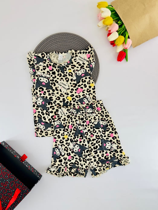 1503-6 Leopar Krm Kalp Baskılı Kız Çocuk Şortlu Penye Takım-KREM