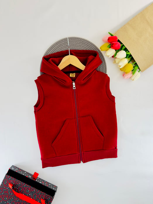 15510 Kanguru Cepli Kapşonlu 3 İplik Şardonlu Unisex Çocuk Yelek-BORDO