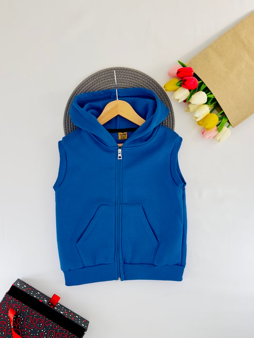 15510 Kanguru Cepli Kapşonlu 3 İplik Şardonlu Unisex Çocuk Yelek-SAKS MAVİ