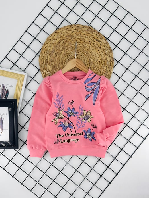 170305 Çiçek Yaprak Baskılı Kız Çocuk Penye Sweat-PEMBE