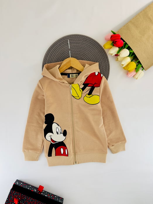 17206 Kapşonlu Mickey Baskılı Erkek Çocuk Penye Mevsimlik Hırka-BEJ