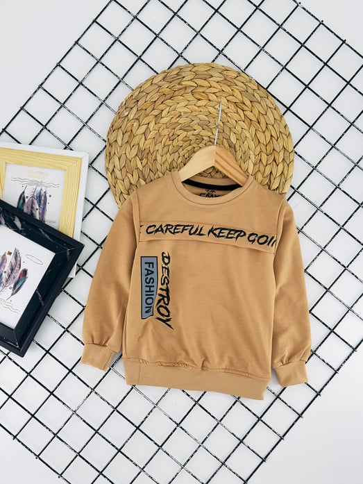 190300 Careful  Keep Yazılı Baskılı Erkek Çocuk Penye Sweat-TABA