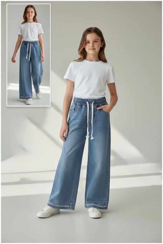 1948 Paçası İncili Bel lastikli Kız Çocuk Baggy Kot Pantolon-MAVİ