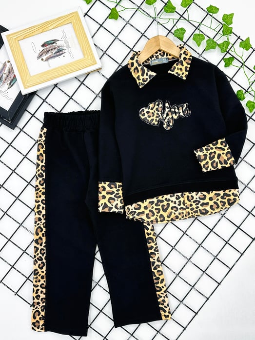 200855 Yakalı Leopar Desen Kız Çocuk Taytlı Takım-SİYAH
