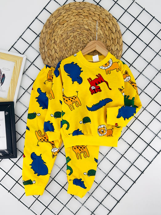 2023-1 Sevimli Hayvanlar Baskılı Erkek Çocuk Şardonlu Pijama Takımı-SARI