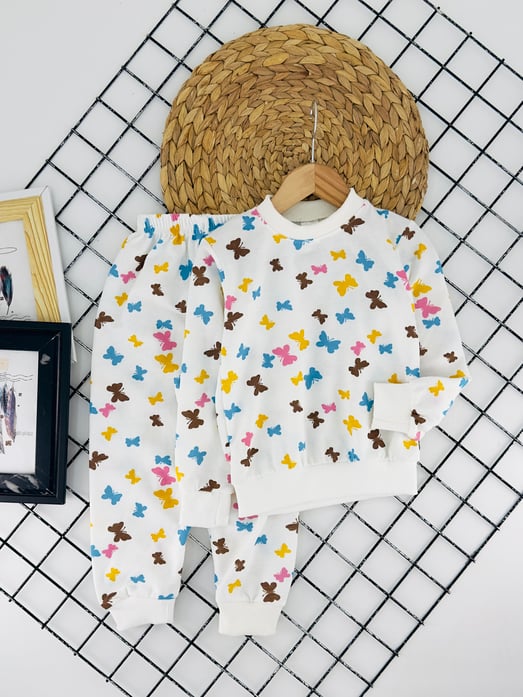 2023-10 Çoklu Kelebek Baskılı Kız Çocuk Şardonlu Pijama Takımı-KREM