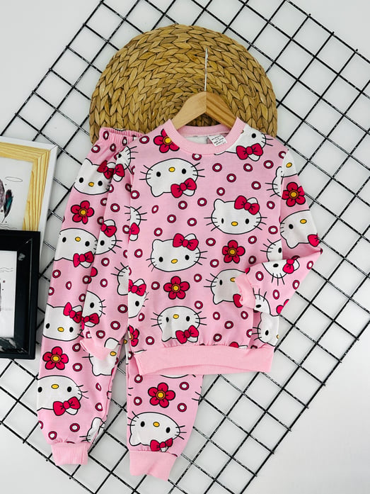 2023-11 Hllo Kty Baskılı Kız Çocuk  Şardonlu Pijama Takımı-PEMBE