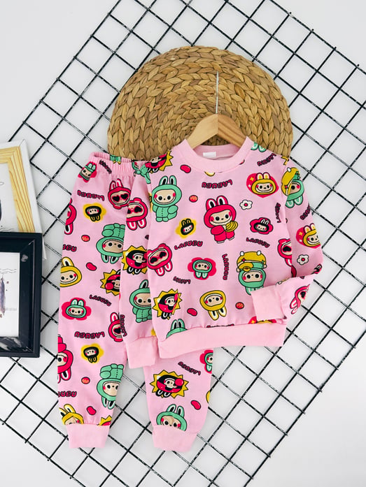 2023-12 Lbb Yazılı Baskılı Kız Çocuk Şardonlu Pijama Takımı-PEMBE