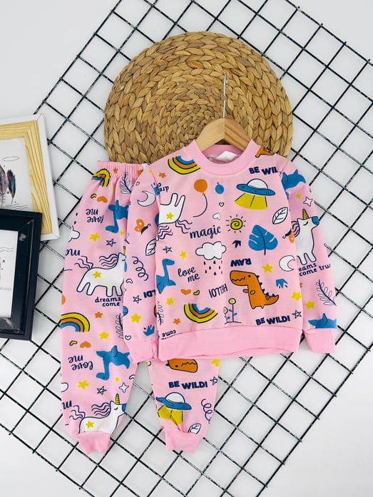 2023-21 Uncrn Çiçek Baskılı Kız Çocuk İki İplik Şardonlu Pijama Takım-PEMBE