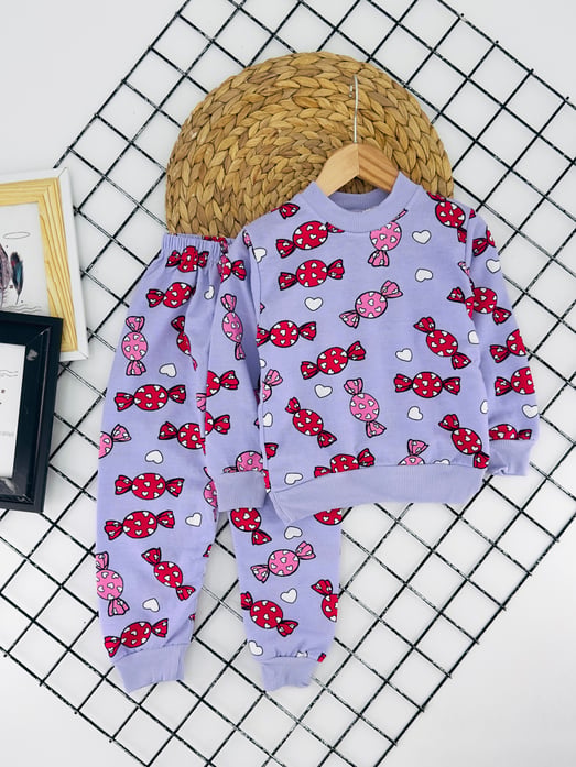 2023-22 Şeker Kalp Baskılı Kız Çocuk İki İplik Şardonlu Pijama Takım-LİLA