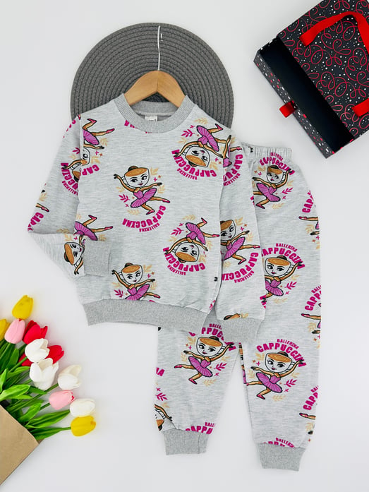 2023-25 Balerin Kız Baskılı Kız Çocuk İki İplik Şardonlu Pijama Takım-GRİ