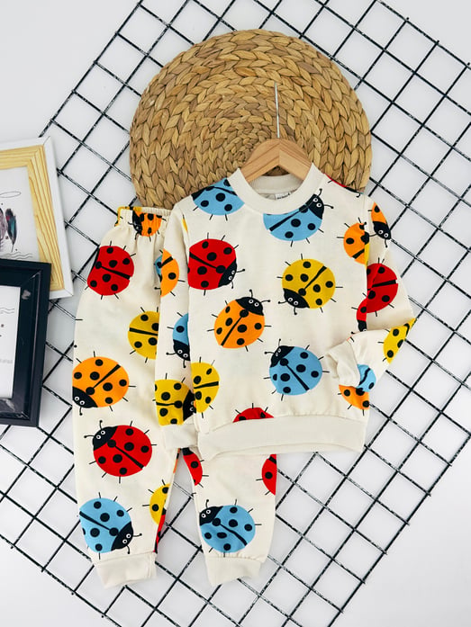 2023-26 Uğur Böceği Baskılı Kız Çocuk İki İplik Şardonlu Pijama Takım-KREM