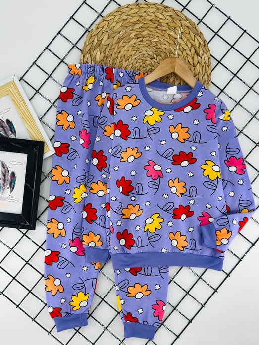2023-34 Yaprak Çiçek Baskılı Kız Çocuk İki İplik Şardonlu Pijama Takım-LİLA