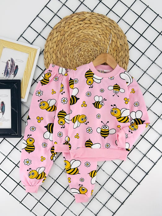 2023-38 Arı Çiçek Baskılı Kız Çocuk Şardonlu Pijama Takımı-PEMBE