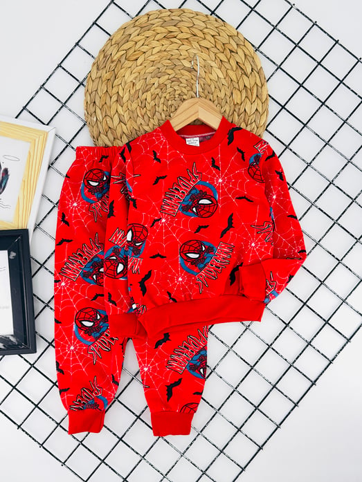 2023-6 Spdm Yazılı Baskılı Erkek Çocuk Şardonlu Pijama Takımı-KIRMIZI