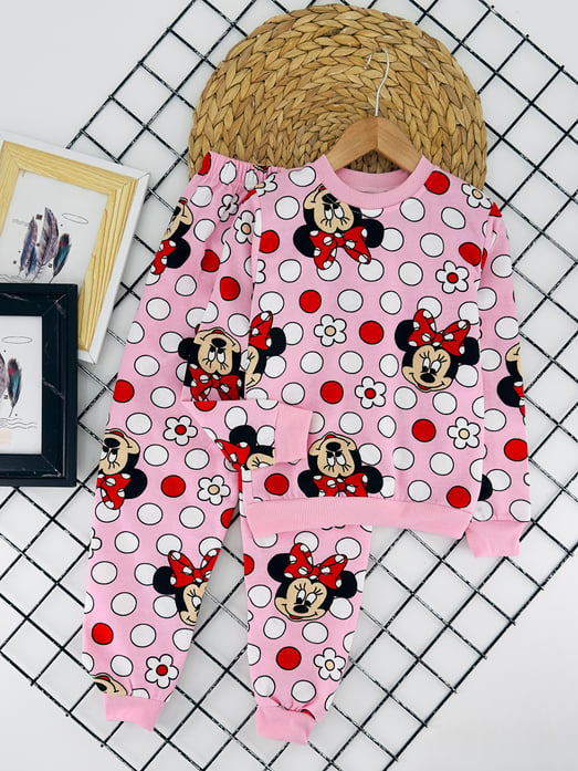 2023-8 Mk Papatya Baskılı Kız Çocuk Şardonlu Pijama Takımı-PEMBE
