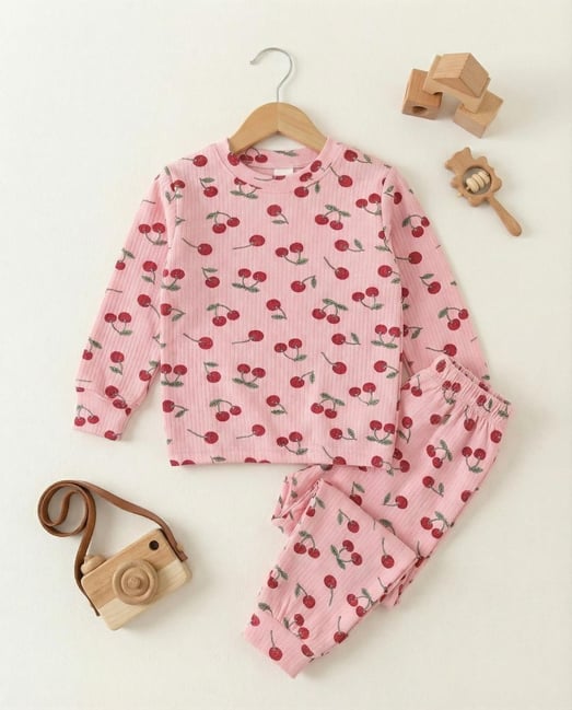 2026-11 Kiraz Baskılı Fitilli Kumaş Kız Çocuk Pijama Takımı-PEMBE