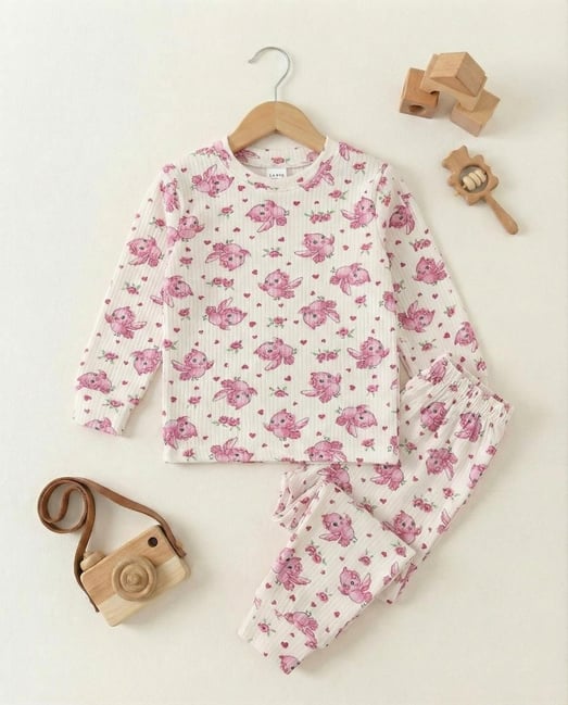 2026-12 Baykuş Kalp Baskılı Fitilli Kumaş Kız Çocuk Pijama Takımı-KREM