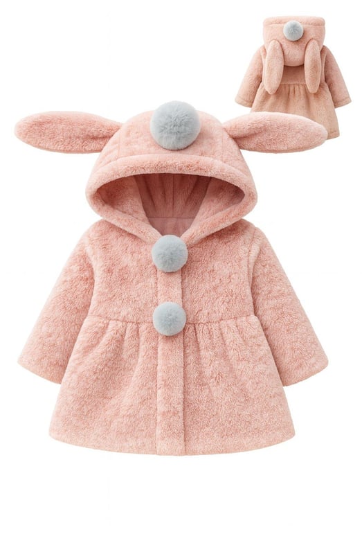 210 Kapşonlu Kulaklı Kız Çocuk Peluş Mont-TOZ PEMBE