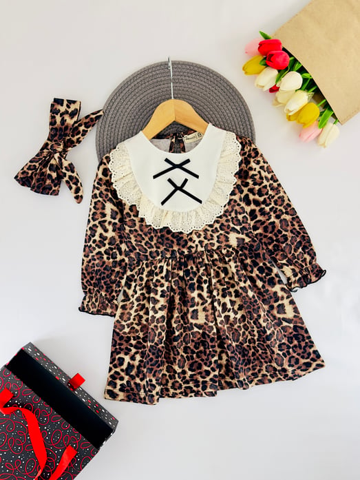 21005 Dantel Yaka Leopar Desenli Kız Çocuk Bandanalı Elbise-LEOPAR