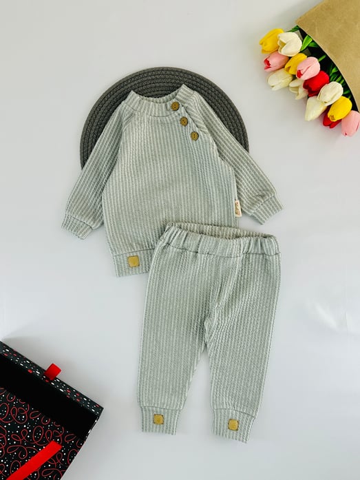 2179 Zincir Desenli Düğme Detaylı Erkek Bebek Takım-GRİ