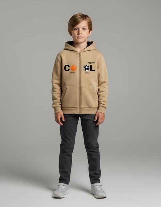 2264270 Cool Sport Nakışlı Kapşonlu Üç İp Erkek Çocuk Hırka-KREM