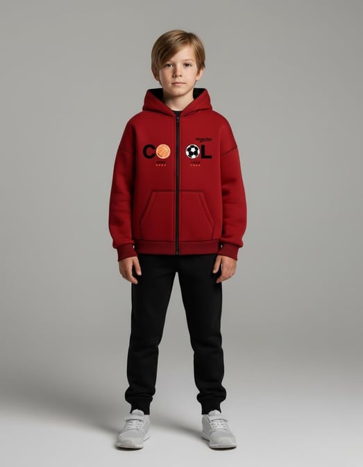 2264270 Cool Sport Nakışlı Kapşonlu Üç İp Erkek Çocuk Hırka-KIRMIZI