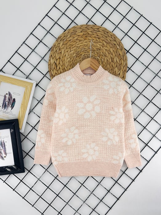 23163 Çiçek Detaytlı Noktalı Kız Çocuk Triko Kazak-SOMON