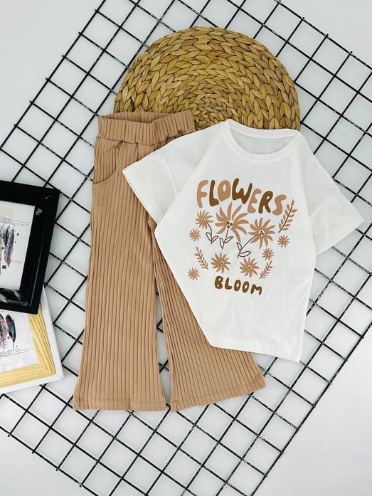 2366 Flowers Çiçek Baskılı Kız Çocuk Takım-BEJ
